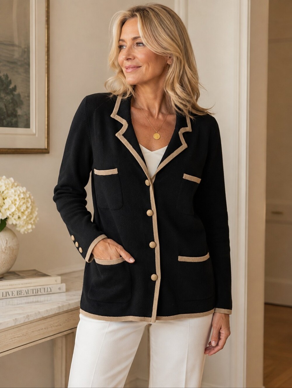 New Condition Classic Gold Trim Black Knit Blazer Jacket.Pit To Pit 19" - Picture 1 of 7
